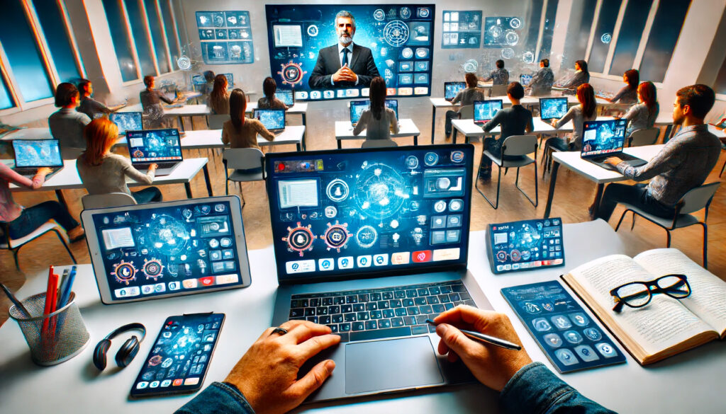 Une salle de classe virtuelle sur Moodle avec des utilisateurs connectés depuis différents appareils tels qu'un ordinateur portable, une tablette et un smartphone, montrant un contenu multimédia interactif sur l'écran.